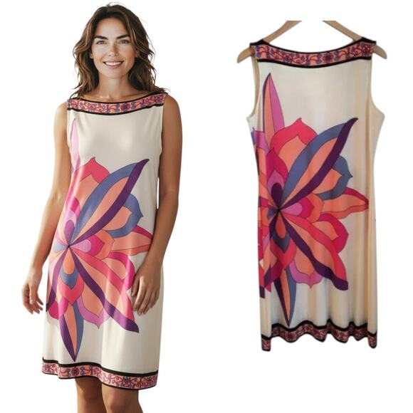 Dressbarn Sleeveless Sheath Dress Women's Size 12 Multicolor Print Boatneck Knit - Picture 1 of 13